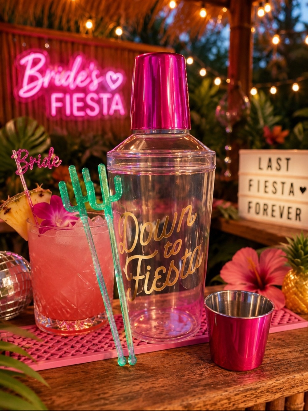 Clear 'Down to Fiesta' Drink Shaker with Pink Shot Cup & Pair of Cactus Stirrers